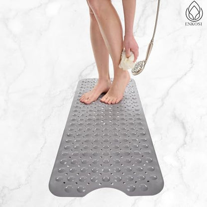ENKOSI Non-Slip Bath & Shower Mat 40x16 Extra Long, Suction & Drain Holes | Gray color; Durable PVC; 40x16 in, Gray - color: Gray