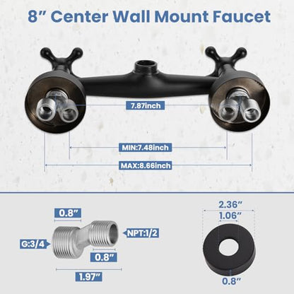 Airuida 8 Inch Center Matte Black Wall Mount Kitchen Sink Faucet | Double Cross Handle,Adjustable Center,6 Inch(15cm) Spout - color: Matte Black