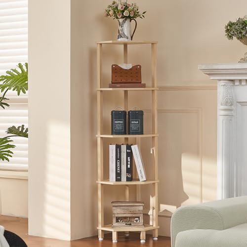 YUFAM 5-Tier Corner Shelf, Natural | Wooden Corner Bookshelf for Small Spaces, Corner Standing Shelf with Sturdy 5-Leg Base for Bathroom - color: Natural, size: 5 Tier