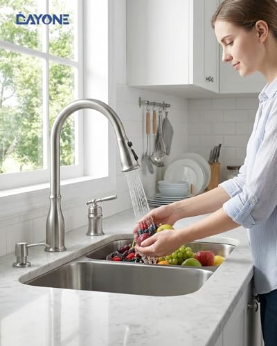 3 Holes Kitchen Sink Faucets with Pull Down Sprayer and Soap Dispenser, 2 Holes Brushed Nickel Sink Faucet for Kitchen by DAYONE, Single Handle High Arc, DAY-279BN - color: Brushed Nickel, style: 3 Holes