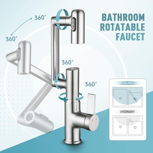 Rotatable Bathroom Faucet with Temperature Display in Fahrenheit(Batteries-Free), Height Adjustable Sink Smart Faucet with 3 Water Settings for Bathroom Lavatory Vanity Sink, LCF-2401, Brushed Nickel - color: Brushed Nickel - Fahrenheit