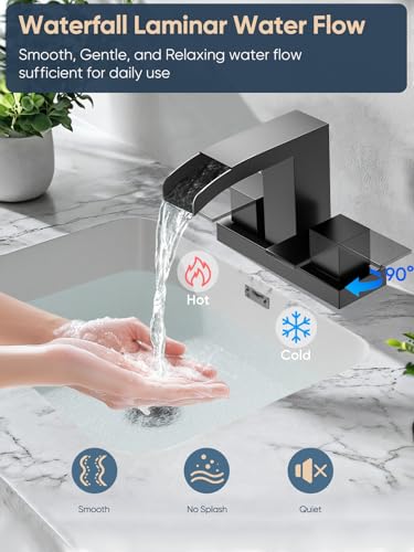 Cobbe Waterfall Bathroom Faucets 3 Hole, Matte Black Bathroom Sink Faucet Square 4 Inch Centerset with Pop-Up Drain, 2 Handle and 2 Supply Hoses, Lead-Free Stainless Steel for Vanity Sink Rv - color: Black, size: 4 Inch Centerset