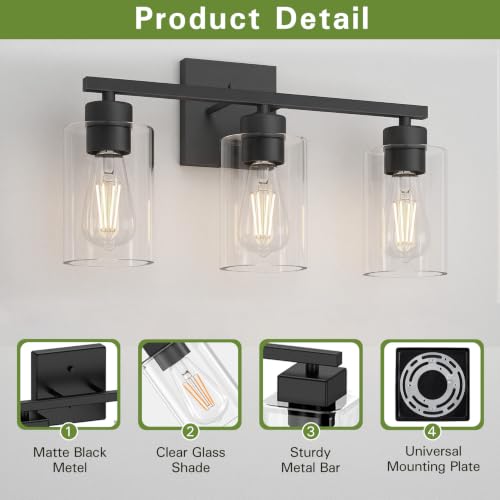 Matte Black Bathroom Vanity Light, 3-Light Vanity Lighting fixtures Over Mirror, Round Design & UL Certification, Wall Sconces with Clear Glass Shades, E26 Socket (Bulbs Not Included) - color: Black-round, size: 3 Light