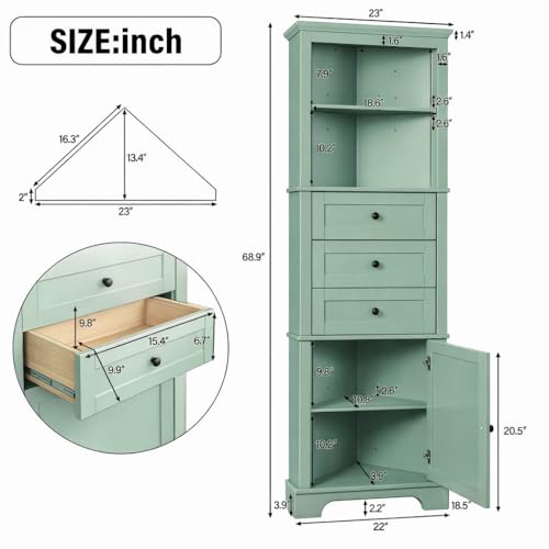 Green Corner Cabinet, 69" Tall Bathroom Storage Cabinet with 3 Drawers & Adjustable Shelves, Triangle Freestanding Linen Tower Pantry Organizer for Small Spaces Kitchen Living Room