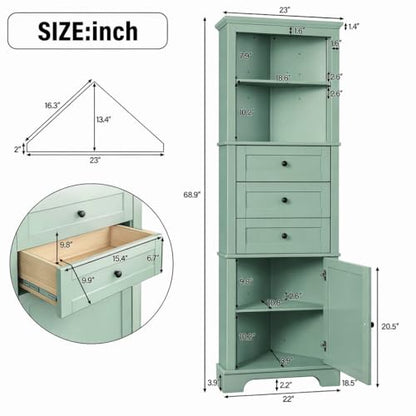 Green Corner Cabinet, 69" Tall Bathroom Storage Cabinet with 3 Drawers & Adjustable Shelves, Triangle Freestanding Linen Tower Pantry Organizer for Small Spaces Kitchen Living Room
