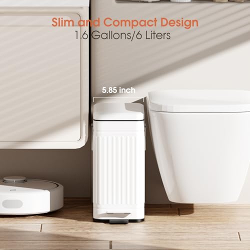 Small Bathroom Trash Can with Lid Soft Close, 6L / 1.6 Gallon Stainless Steel Small Garbage Can with Step Pedal, Slim Waste Basket for Bedroom, Toilet, Office - White - color: White, size: 1.3 Gallon