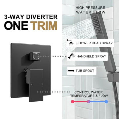 Lava Odoro Modern 3-Setting Square Shower and Tub Faucet Set with Shower Head and Handheld Sprayer Black, Rainfall Shower System with Tub Spout, Shower Valve Trim Kit, Matte Black, SF103-MB-T - color: Matte Black, style: With Tub Spout