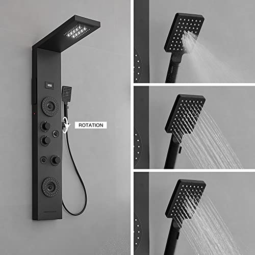 BWE Shower Panel Tower System Matte Black | LED Rainfall Waterfall Shower 6-Function Faucet 4 Mist Jets 2 Body Sprays with Handheld and Waterfall Tub Spout - color: Black