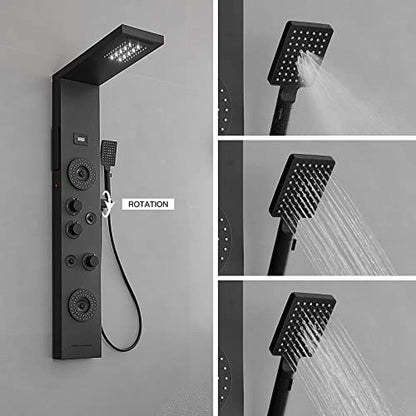 BWE Shower Panel Tower System Matte Black | LED Rainfall Waterfall Shower 6-Function Faucet 4 Mist Jets 2 Body Sprays with Handheld and Waterfall Tub Spout - color: Black