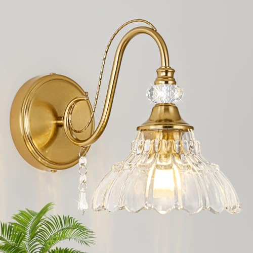 1 Piece Vintage Wall Sconce, 1-Light Brushed Gold Finish Wall Sconce with Hanging Crystal Accents and Flower-Shaped Clear Shades for Bathroom Bedroom Living Room,Vintage Vanity Light - color: Gold, size: 1-Light
