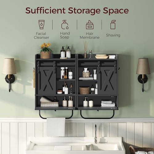 MAHANCRIS Bathroom Wall Cabinet, Farmhouse Medicine Cabinets with Sliding Door, Wall Mounted Storage Cabinet with Adjustable Shelf and Towel Bar, for Bathroom, Living Room, Kitchen, Black - color: Black
