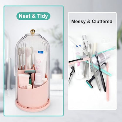 QIYVLOS Toothbrush Holders with Sliding Lid, Rotating 3 Slots Bathroom Organizer Countertop, Tooth Brush Toothpaste Holder Bathroom Counter Stand Sink Organizer Caddy for Makeup Brushes Holder (Pink) - color: Pink+transparent