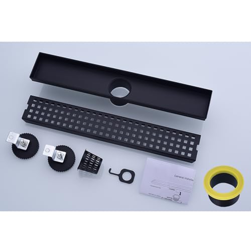 16" SUS304 Linear Shower Drain,Hair Strainer&Adjustable Feet,Matte Black | Nicmondo,2"US Standard Outlet,Sloped channel & checkered grate for fast anti-pooling drainage,indoor & outdoor multi-scene