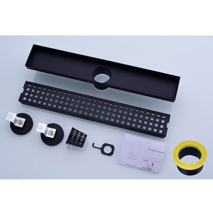 16" SUS304 Linear Shower Drain,Hair Strainer&Adjustable Feet,Matte Black | Nicmondo,2"US Standard Outlet,Sloped channel & checkered grate for fast anti-pooling drainage,indoor & outdoor multi-scene