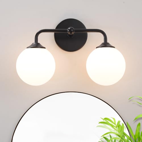 Industrial Matte Black 2-Lights Bathroom Light Fixtures, Vanity Wall Sconce Lighting with Milky White Glass Shade, Modern Bathroom Vanity Lighting, Wall Sconces over Mirror Dressing Table Bedroom - color: Black, size: 2 light