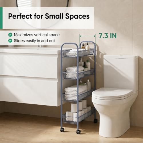 American Dream Matte Grey 4-Tier Mesh Basket Rolling Cart with Wheels Slim Metal Storage Organizer Trolley, 22.4" x 7.3" x 37.4" - color: Gray