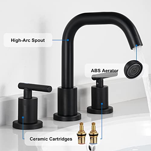 Black Bathroom Faucet 3 Holes - Two Handles Widespread 8 inch Bathroom Sink Faucet 3 Pieces Basin Faucets 360 Degree Swivel Spout Vanity Sink Faucet with Drain & Supply Hoses - color: Matte Black