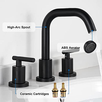 Black Bathroom Faucet 3 Holes - Two Handles Widespread 8 inch Bathroom Sink Faucet 3 Pieces Basin Faucets 360 Degree Swivel Spout Vanity Sink Faucet with Drain & Supply Hoses - color: Matte Black