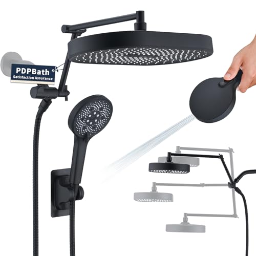 PDPBath 14 Inch Rain Shower Head with 5+1 Settings Handheld Spray Combo, High Pressure Rainfall Shower Head with 16'' Upgrade Adjustable Extension Arm, 79" Extra Long Hose, 3-Way Diverter, Matte Black - color: Matte Black