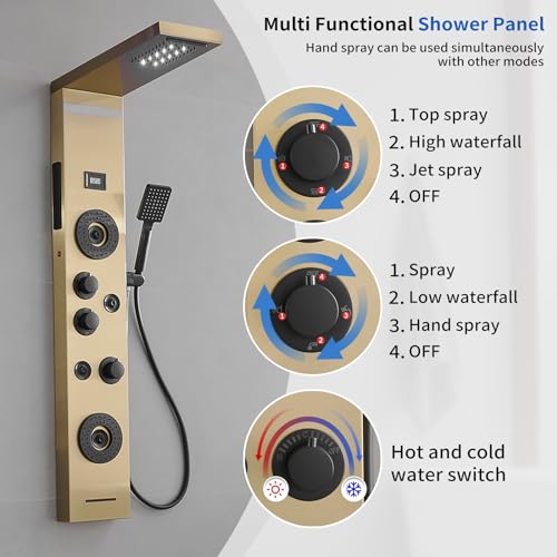 Brushed Gold Shower Panel LED Rainfall Waterfall Shower Head | 6 Functions,Rain Massage,Body Jets,Handheld Shower,Tub Spout,Temperature Display,Wall Mount, Stainless Steel Shower Panel - color: Brushed Gold, style: Shower Panel-LED