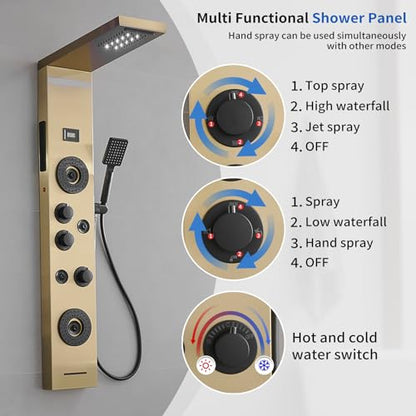 Brushed Gold Shower Panel LED Rainfall Waterfall Shower Head | 6 Functions,Rain Massage,Body Jets,Handheld Shower,Tub Spout,Temperature Display,Wall Mount, Stainless Steel Shower Panel - color: Brushed Gold, style: Shower Panel-LED