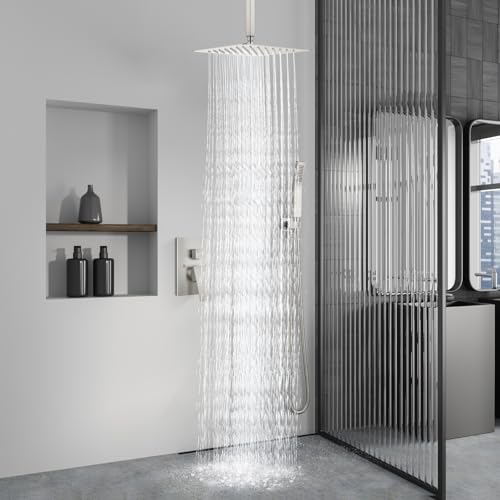 Aolemi Ceiling Mount Shower System Rain Shower Head with Handheld Spray High Pressure Shower Faucet Set Rough-in Valve Shower Trim Kit Included Bathroom Brushed Nickel 12 Inch Ceiling Shower Head - color: Nickel, size: 12 Inch Ceiling Shower Head