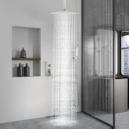 Aolemi Ceiling Mount Shower System Rain Shower Head with Handheld Spray High Pressure Shower Faucet Set Rough-in Valve Shower Trim Kit Included Bathroom Brushed Nickel 12 Inch Ceiling Shower Head - color: Nickel, size: 12 Inch Ceiling Shower Head