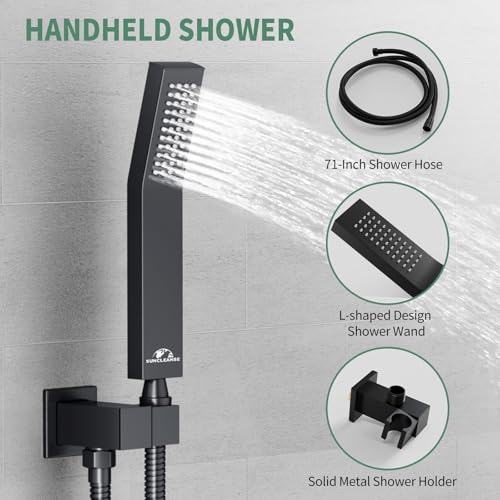SunCleanse Rainfall Shower Faucet Set with High Pressure in Matte Black | Ceiling mounted shower combo set featuring a 10" rainfall shower head, handheld spray, and rough-in shower valve. - color: Matte Black, style: 10-ceiling