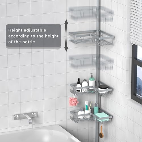 KEGII Shower Caddy Tension Pole, Bathtub Organizer, Light Gray | Adjustable 25-114.2 inch Pole with 28 Hooks, Rustproof Storage Solution for Renters and Modern Bathrooms - color: Light Gray