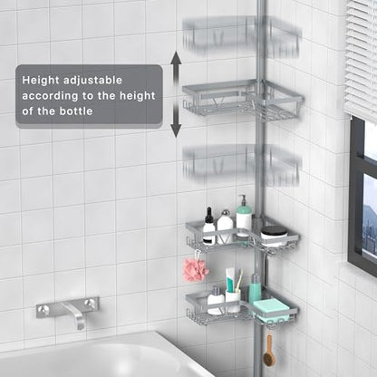 KEGII Shower Caddy Tension Pole, Bathtub Organizer, Light Gray | Adjustable 25-114.2 inch Pole with 28 Hooks, Rustproof Storage Solution for Renters and Modern Bathrooms - color: Light Gray