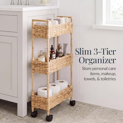 Best Choice Products 3-Tier Slim Water Hyacinth Rolling Nursery Caddy w/Wheels, Handwoven Utility Cart, Narrow Storage Organization for Bathroom, Craft Room, Laundry Room - Natural - color: Natural