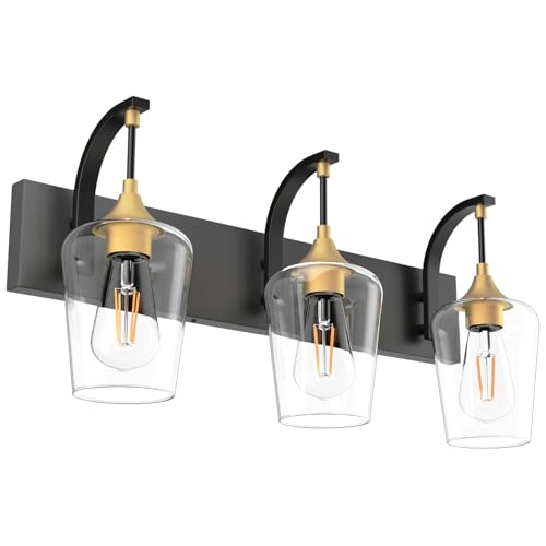 Ralbay Black/Gold Vanity Light Fixtures 3-Lights Industrial Black/Gold Bathroom Vanity Light with Clear Glass Vintage Edison Bathroom Wall Lighting Fixtures - color: Black&Gold, size: 24 inch