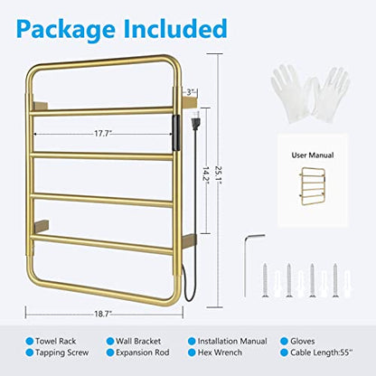 VJASS Heated Towel Rack for Bathroom, 4 Bar Stainless Steel Electric Towel Warmer with Built-in Timer, Dual Hardwired & Plug-in Wall Mounted Installation (Brushed Gold) - color: Brushed Gold