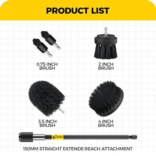 Holikme 6Pack Drill Brush Power Scrubber Cleaning Brush Extended Long Attachment Set All Purpose Drill Scrub Brushes Kit for Grout, Floor, Tub, Shower, Tile, Bathroom Black | 5 Head Sizes, Black Nylon Fibers, Power Scrubber Attachments for Tile, Tub, Show