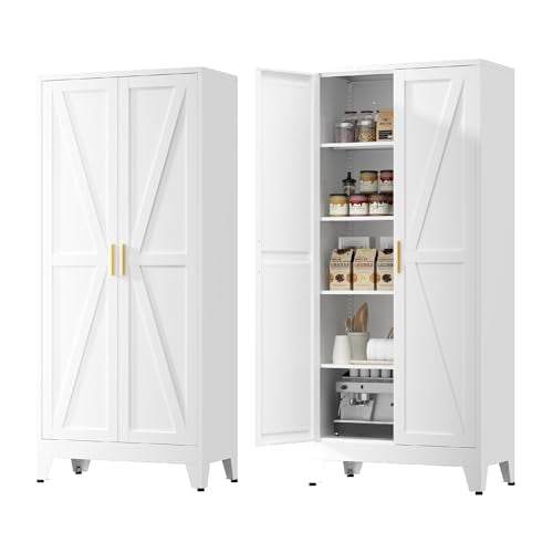 Kitchen Pantry Cabinet,71" H x 31.5" W,Metal Farmhouse Storage Cabinet with Adjustable Shelves and Barn Doors,5-Tier Storage Cabinet for Kitchen Dining Room Garage,White 1 Pack - color: White, size: 15.8"D x 31.5"W x 71"H-1