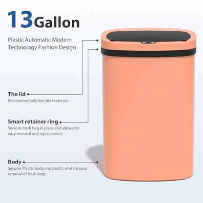 13 Gallon/50 L Kitchen Trash Can with Lid, Garbage Can with Touch-Free Lid, Cute Automatic Trash Can Bathroom Trash Bin, Motion Sensor Waterproof Trash Bin - color: Pink, size: 1 Trash Can