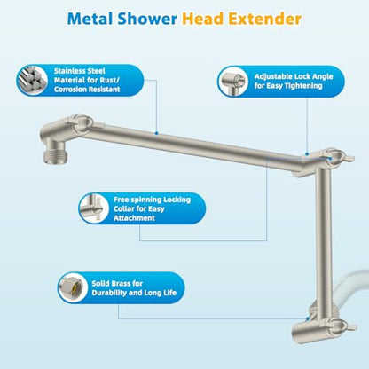 All-Metal 16" Shower Head Extension Arm, G1/2" Universal, Brushed Nickel | Flexible Brass Shower Head Extender Adjustable Height/Angle, Stainless Steel Rain Shower Pipe Height Extended with Lock Joint - color: Brushed Nickel, size: 16 Inch