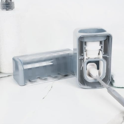 5 Slots Wall Mount Toothbrush Holder with Cover, Self Adhesive Toothbrush Storage Organizer for Shower, Toothbrush Hanger with Automatic Toothpaste Squeezer Dispenser (Grey) - color: Grey Combination