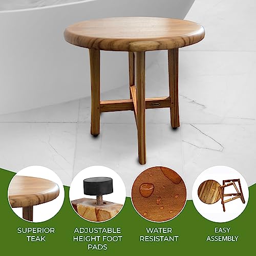 EcoDecors Shoji Round Teak Shower Stool, Waterproof Bath Seat, 17.5 in | Adjustable rubber feet provide added stability on uneven surfaces for a secure and comfortable seating experience. - size: 17.5" Seat x 18"H
