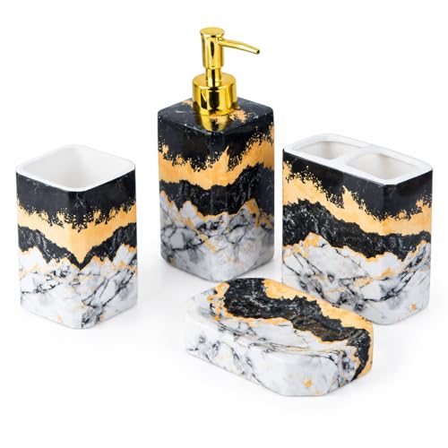 4 Piece Bathroom Accessories Set - Black and White Includes Lotion Dispenser, Toothbrush Holder Tumbler, and Soap Dish - Glossy Finish (Marble, Black, and White) - color: Black, and White