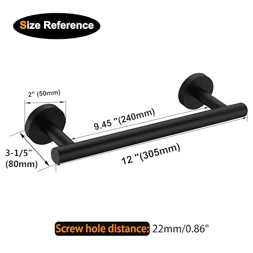 Nolimas Matte Black Bath Hand Towel Bar Single Bars Towel Rack Rod Classic Wall Mounted Stainless Steel Bathroom Towel Bar Toilet Kitchen Towel Shelf Single Layer,12inch - color: Matte Black, size: 12inch