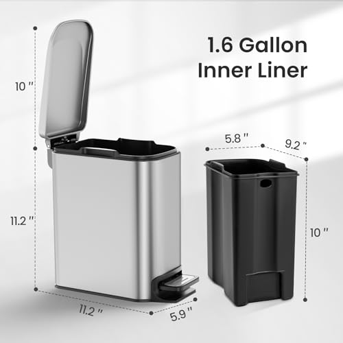 Cesun Small Bathroom Trash Can with Lid, 1.6 Gal, Soft Close, Sliver | Step pedal soft close, Slim 5.9in fits narrow spaces, Stainless steel, Anti-fingerprint, Removable inner bucket, Odor seal - color: Silver
