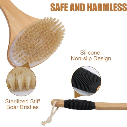 OWIIZI Back Scrub Brush for Shower,Stiff Boar Bristles Bamboo Curved Long Handle Antiskid Body Bath Brush for Back Use Wet or Dry,Deep Cleanse Large Surface Back Scrubber | 17.5" Bamboo Curved Long Handle Bath Brushes,Large Surface Deep Cleanse Back Scrub