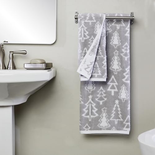 SKL Home Christmas/Winter Mod Tree Bath Towel, 100% Cotton, Gray | 500 GSM weight. Soft & absorbent. Reversible jacquard pattern. Great for holiday gifting. - color: Mod Tree (Gray), style: Bath Towel