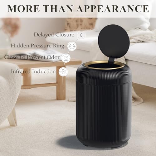 Motion Sensor Bathroom Trash Can with Lid,Black and Gold Garbage Can | 3 Gallon Automatic Bathroom Garbage Cans,Black Garbage Bin,Touchless Sensor Trash Bin,Small Waste Basket for Bedroom,Office - color: Black