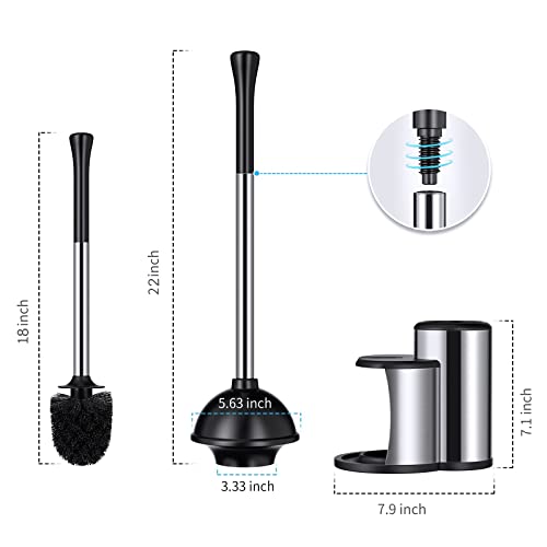 HAMITOR Toilet Plunger Bowl Brush Set: Hideaway Heavy Duty Toilet Plunger Scrubber Cleaner Holder Combo for Bathroom with Covered Caddy Hidden Elongated Discreet Apartment Plunger Brush Accessories