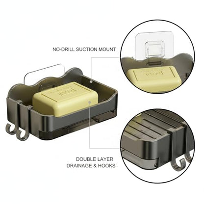 Suction Cup Soap Dish, Double Layer Wall Mount Holder for Shower & Sink, No Drill PP Plastic Drainage Tray (1 Pack) - color: Metallic