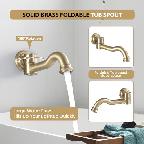 Rainfall Shower System with Handheld Sprayer,Brushed Gold Antique Shower Faucet Sets,Shower Fixture Combo with Brass Pressure Balance Valve,Complete Shower System Kit with Foldable Tub Spout - color: Brushed Gold