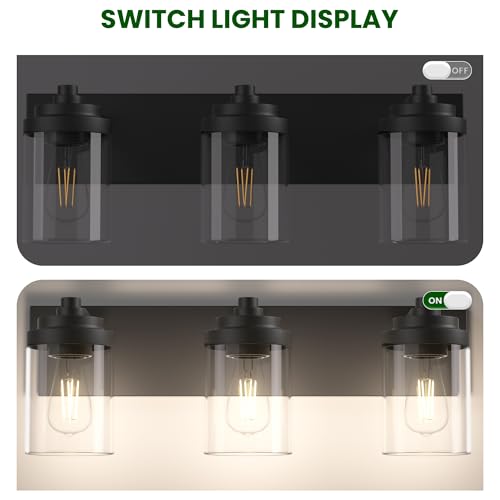 Bathroom Vanity Light, 3-Light Modern Black Vanity Light Fixtures with Clear Glass Shade, 22in Matte Black Bathroom Light Fixtures Over Mirror, Rustic Restroom Lighting Fixtures - color: Black, size: 3-Light