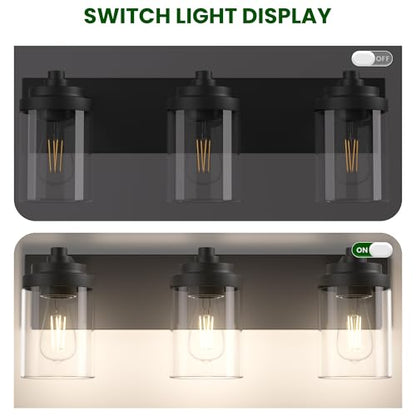 Bathroom Vanity Light, 3-Light Modern Black Vanity Light Fixtures with Clear Glass Shade, 22in Matte Black Bathroom Light Fixtures Over Mirror, Rustic Restroom Lighting Fixtures - color: Black, size: 3-Light